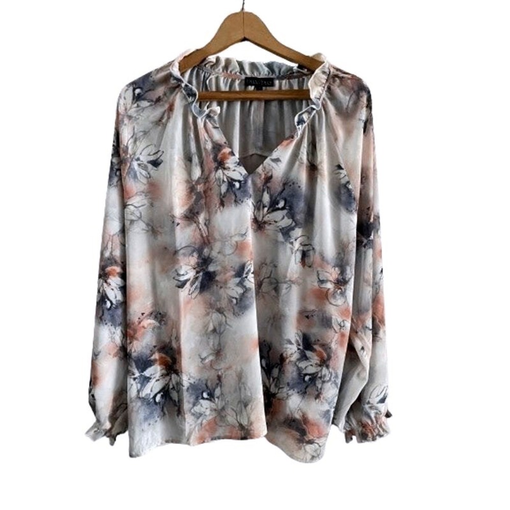 Bua Bua Floral Print V Neck Ruffle Long Sleeve Sheer Blouse Top Plus Size XXL